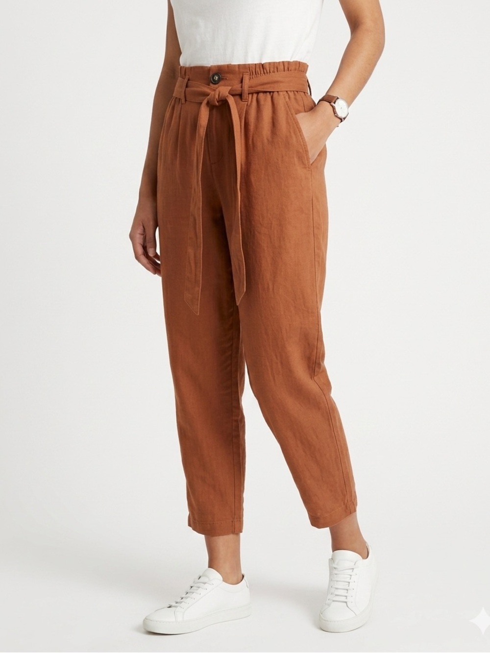 American Eagle Cotton Linen Rust Paperbag Pants Belted Tapered Size XS